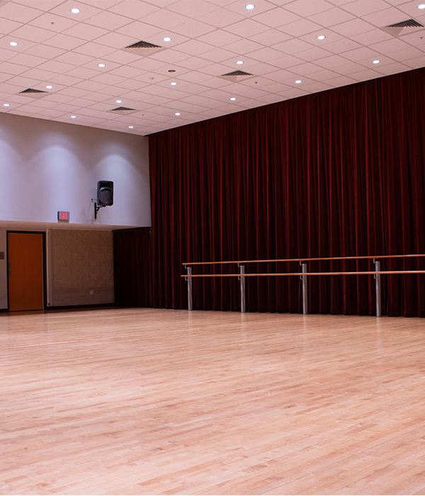 Empty dance studio with a hardwood floor, wall-mounted ballet barres, and a large dark curtain along one wall.